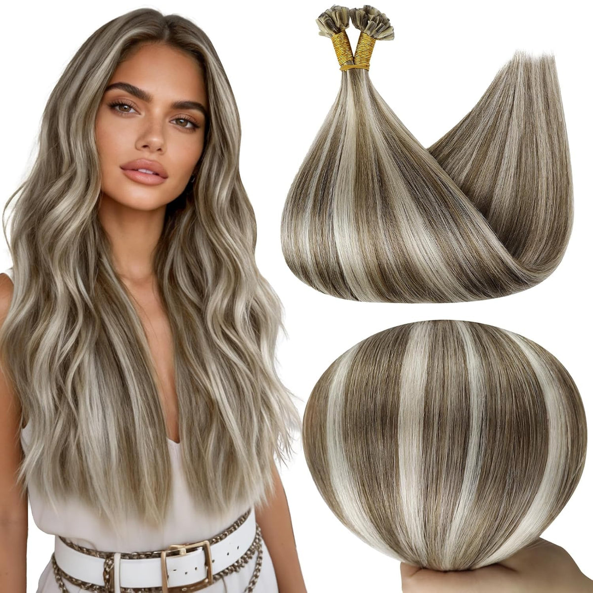 Full Shine U Tip Human Hair Extensions Ash Brown Blonde front view