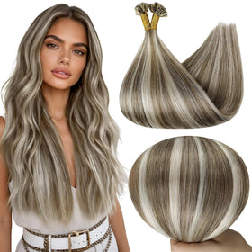 Full Shine U Tip Human Hair Extensions Ash Brown Blonde front view