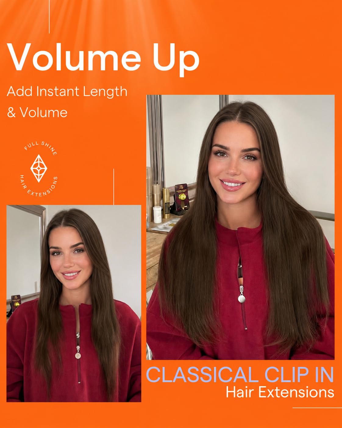 Full Shine Warm Brown Clip-in Hair Extensions back view