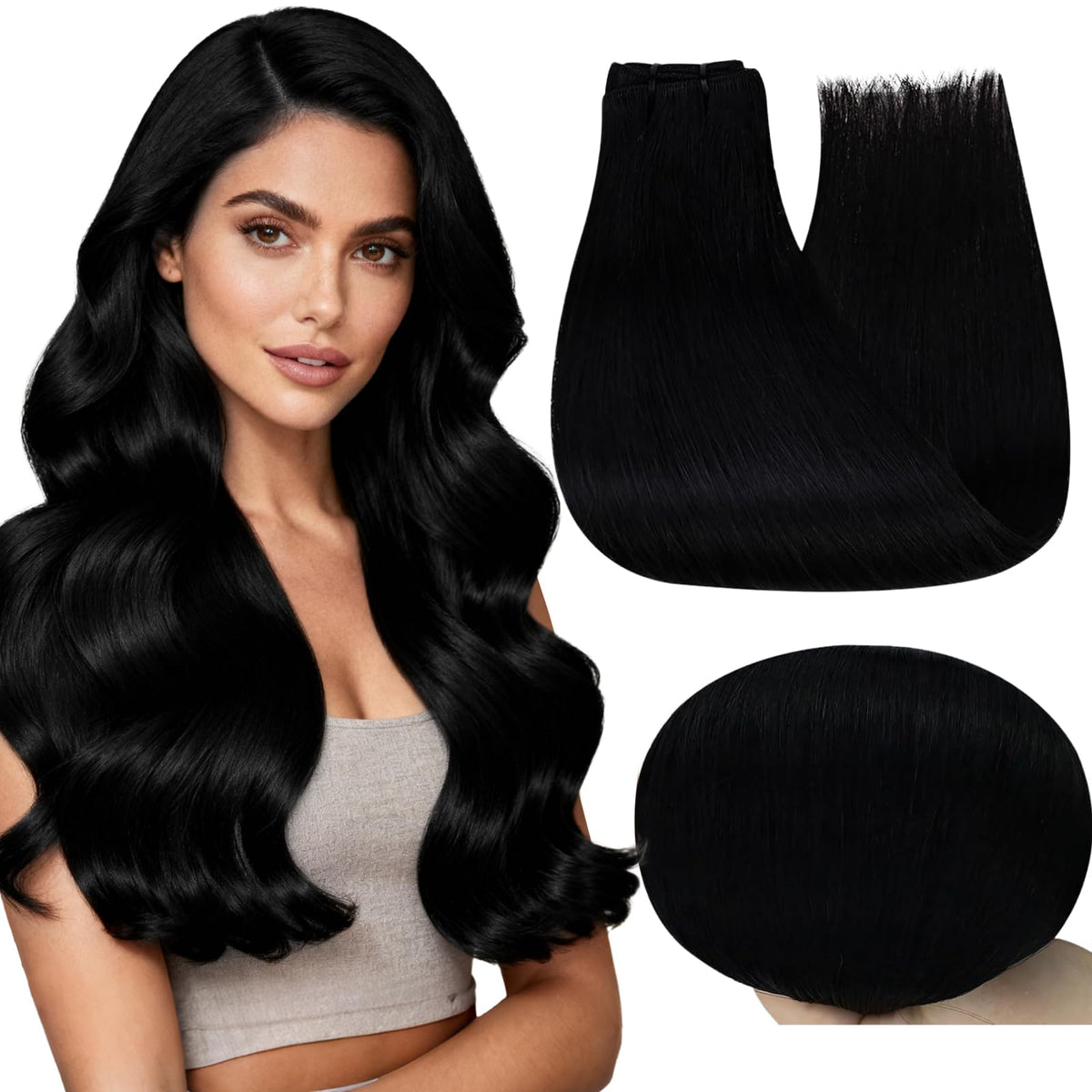 Full Shine Weft Hair Extensions 14 Inch Jet Black front view