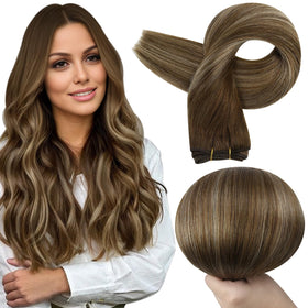 Full Shine Weft Hair Extensions 18 Inch Medium Brown Balayage front view