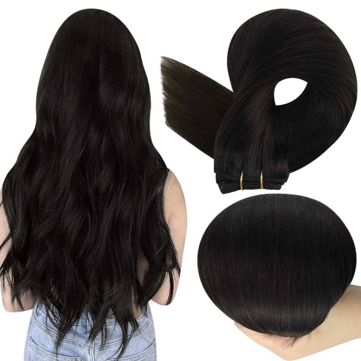 Full Shine Weft Hair Extensions 28 Inch Off Black front view