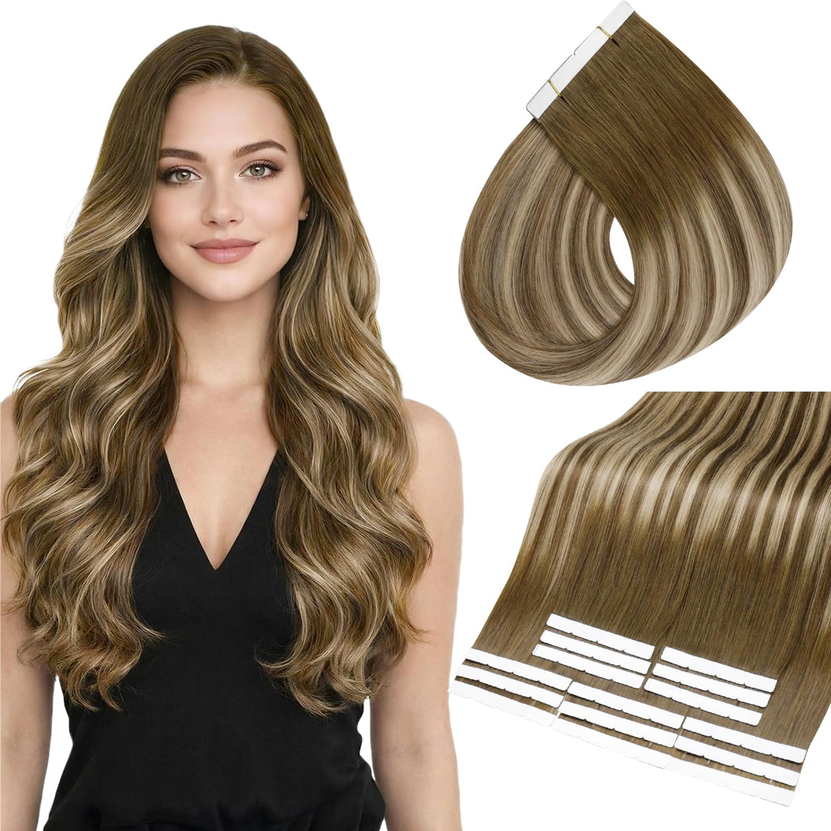 Full Shine Wide Hair Extensions in Medium Brown Honey Blonde, front view