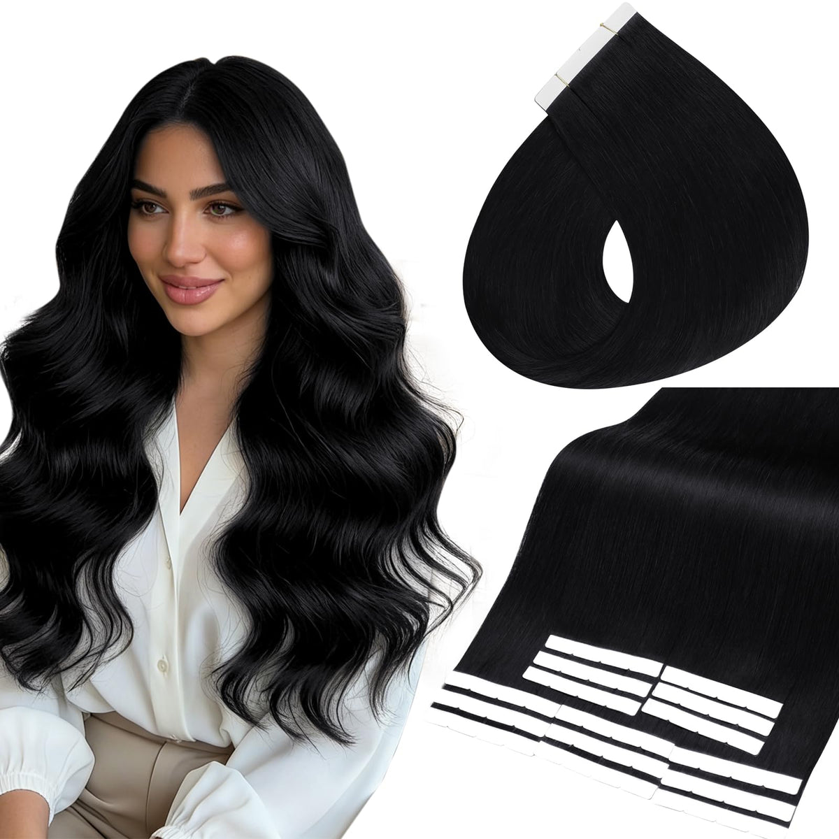Full Shine Wide Human Hair Extensions 20 Inch Jet Black front view