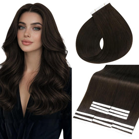 Full Shine Wide Human Hair Extensions Tape In, Darkest Brown 18 Inch front view