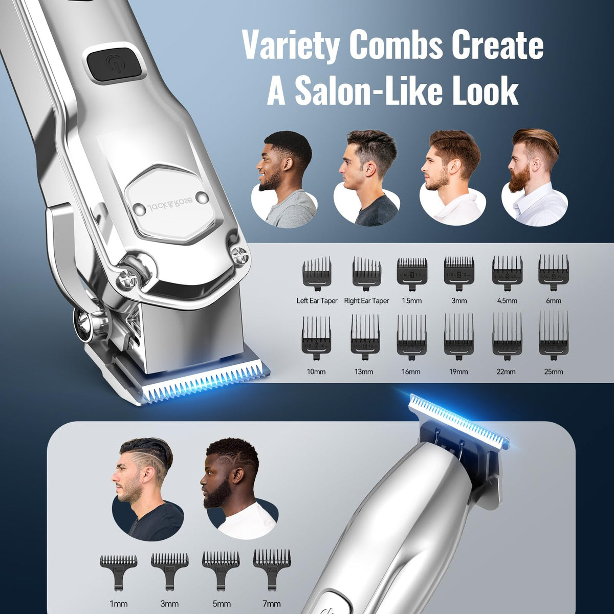 Full view of Jack & Rose hair clippers kit with accessories