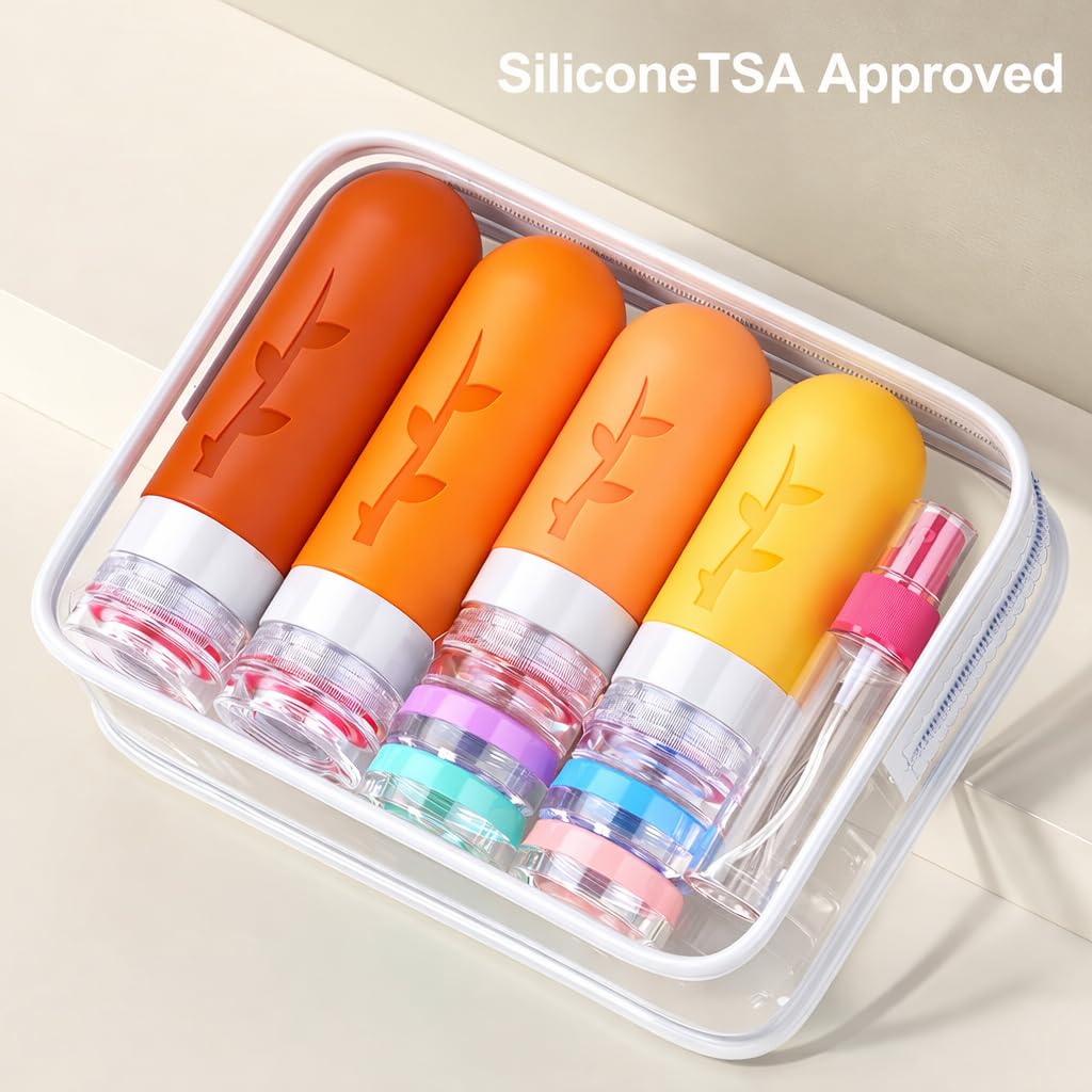 Full view of Tocelffe Travel Containers set organized in waterproof bag
