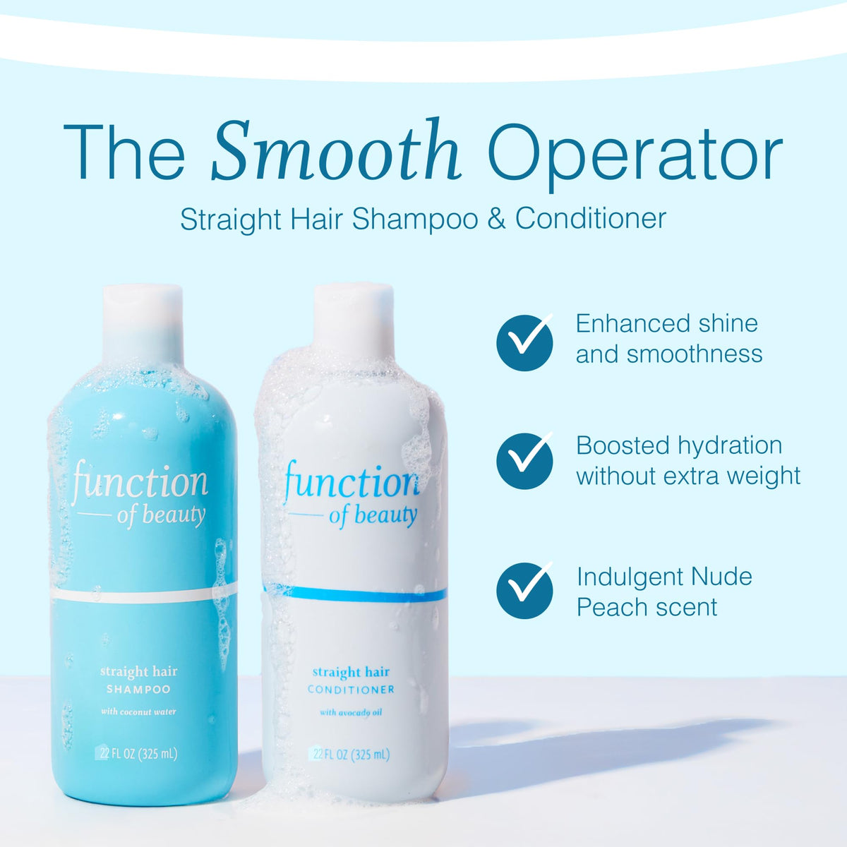 Function of Beauty Straight Hair Shampoo bottle with Coconut Water ingredient
