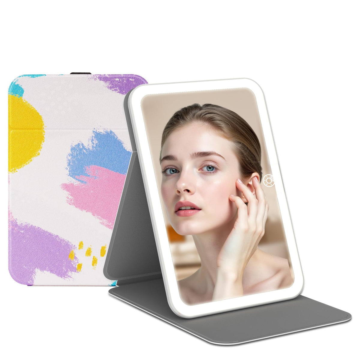 FUNTOUCH lighted makeup mirror front view with PU leather cover