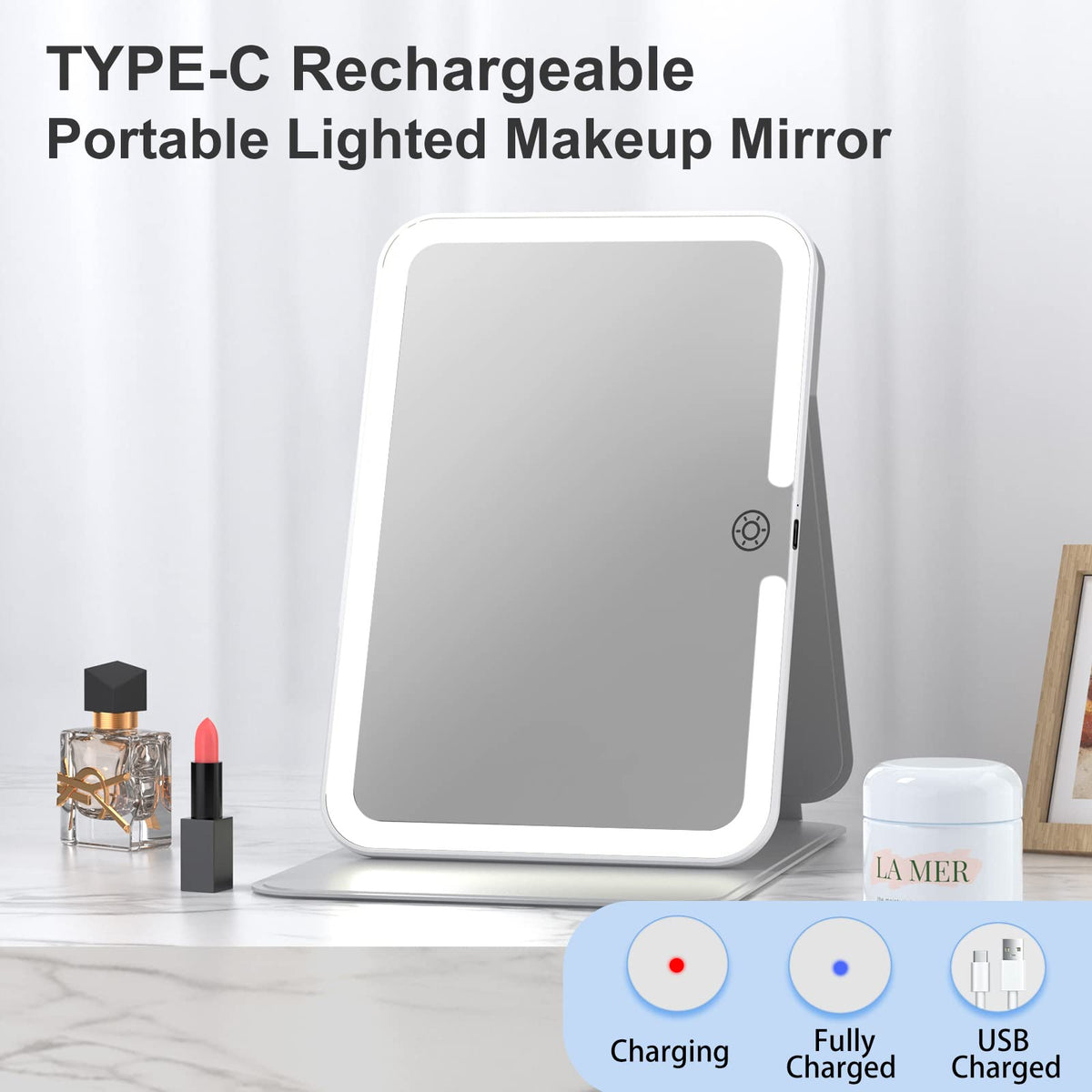 FUNTOUCH Lighted Makeup Mirror showing adjustable brightness settings