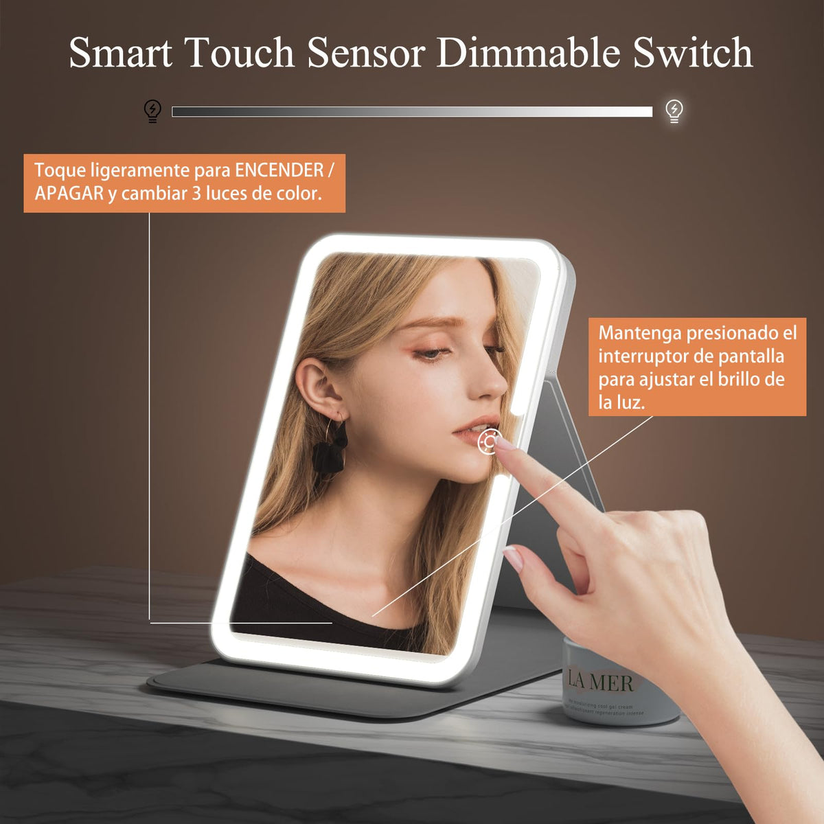 FUNTOUCH lighted mirror displaying three colour lighting options
