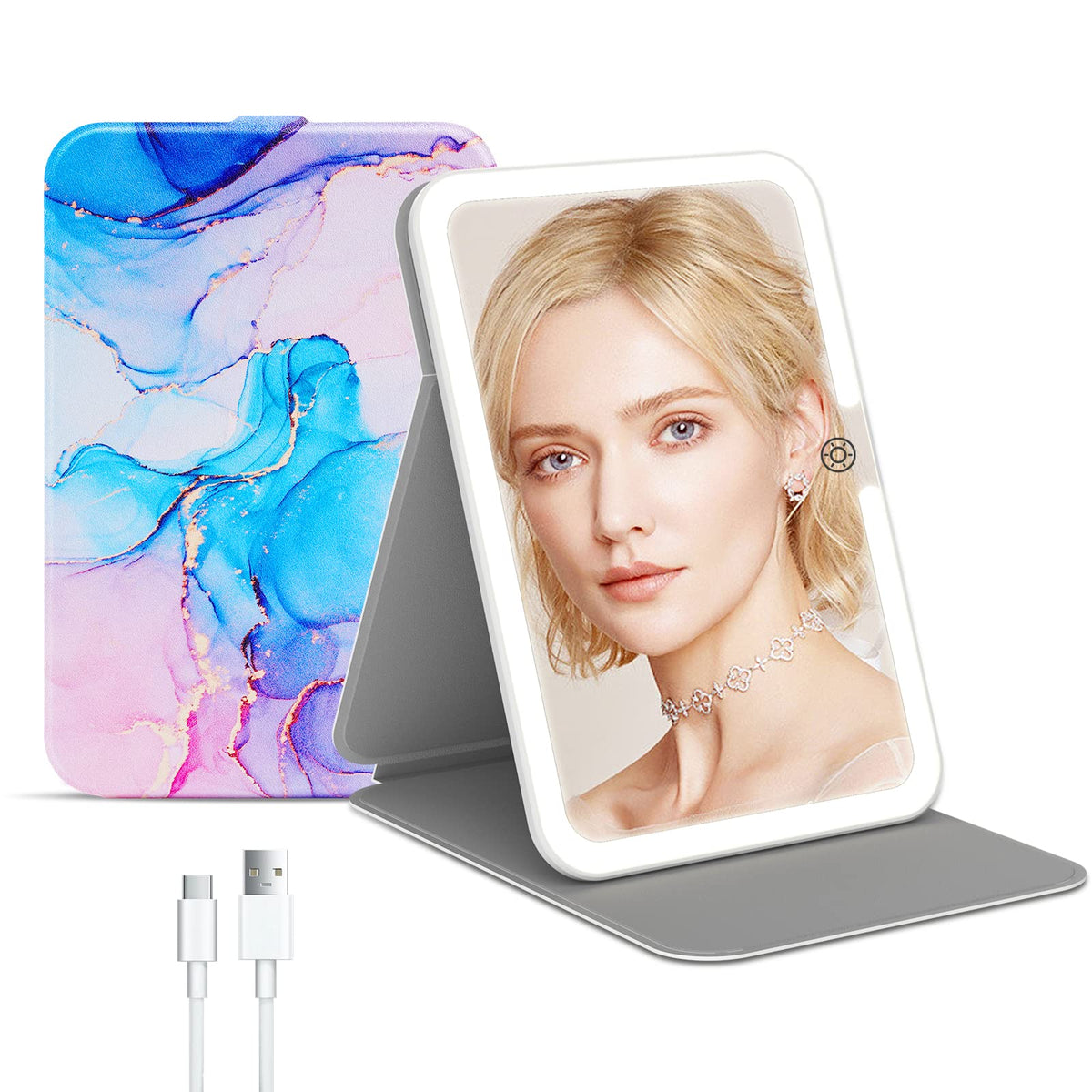 FUNTOUCH Rechargeable Lighted Makeup Mirror front view with PU leather cover