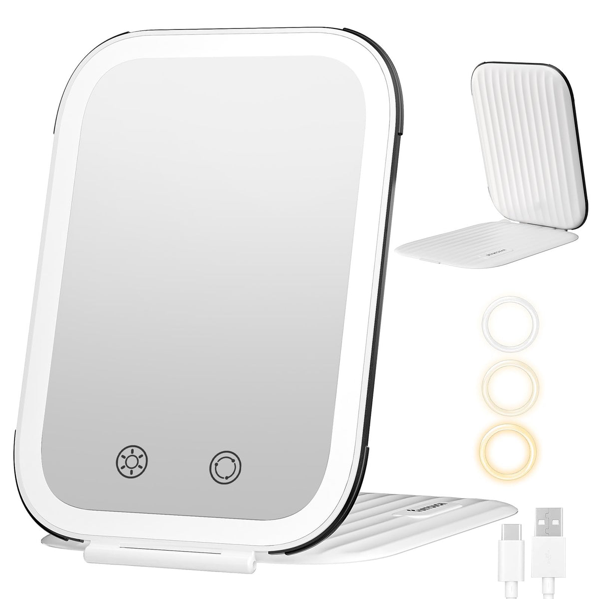 FUNTOUCH rechargeable travel makeup mirror front view with lights