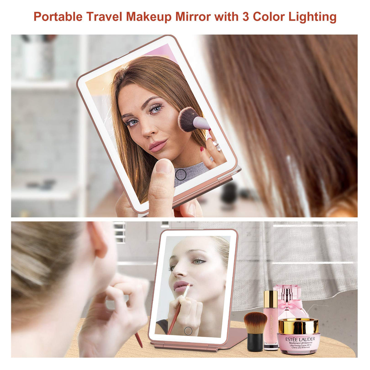 FUNTOUCH Travel Makeup Mirror on a countertop with soft pads