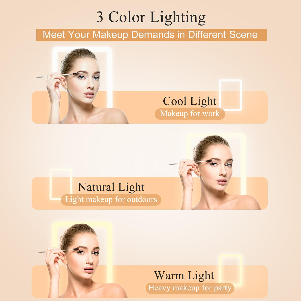 FUNTOUCH Travel Makeup Mirror showcasing three light settings
