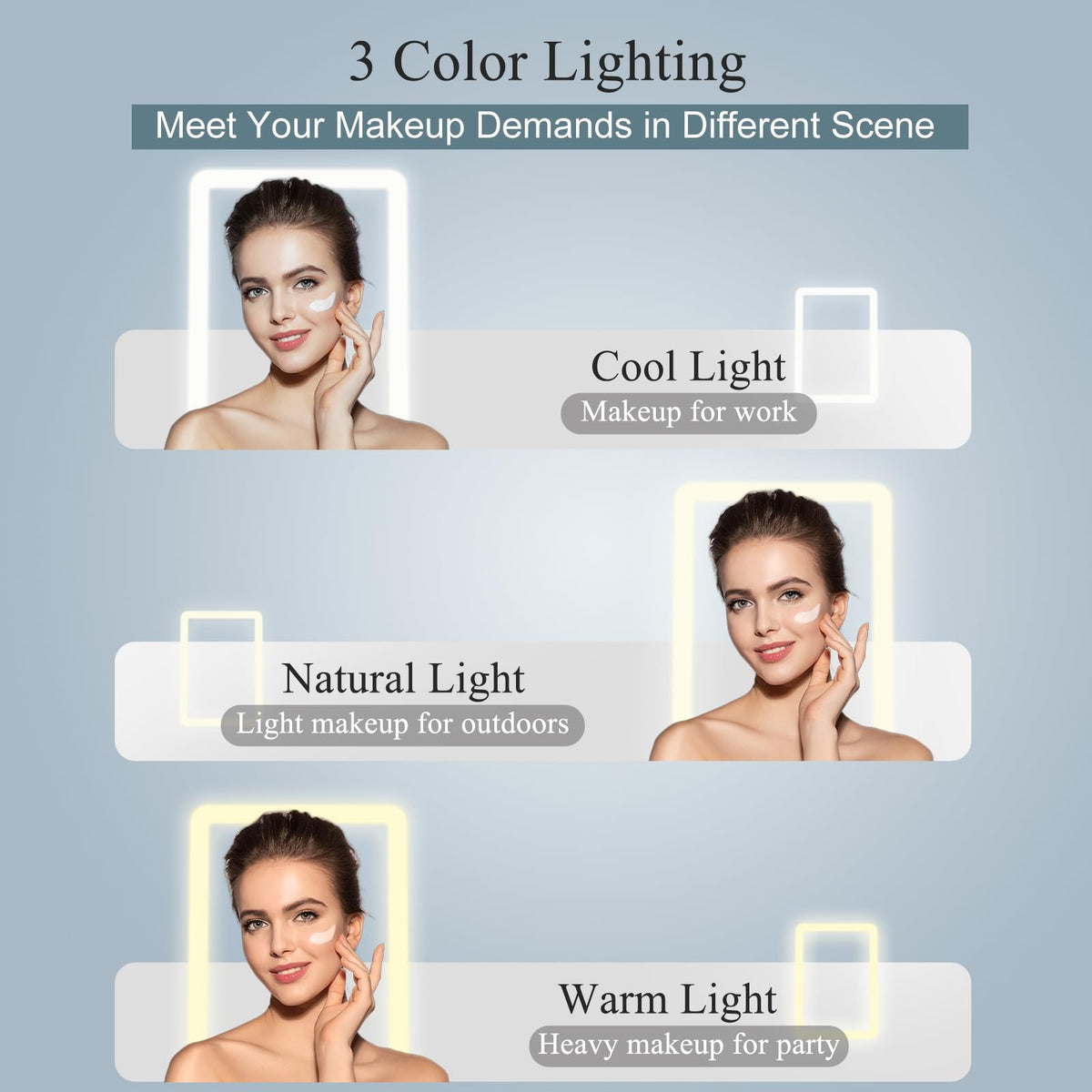 FUNTOUCH Travel Makeup Mirror showing three light modes