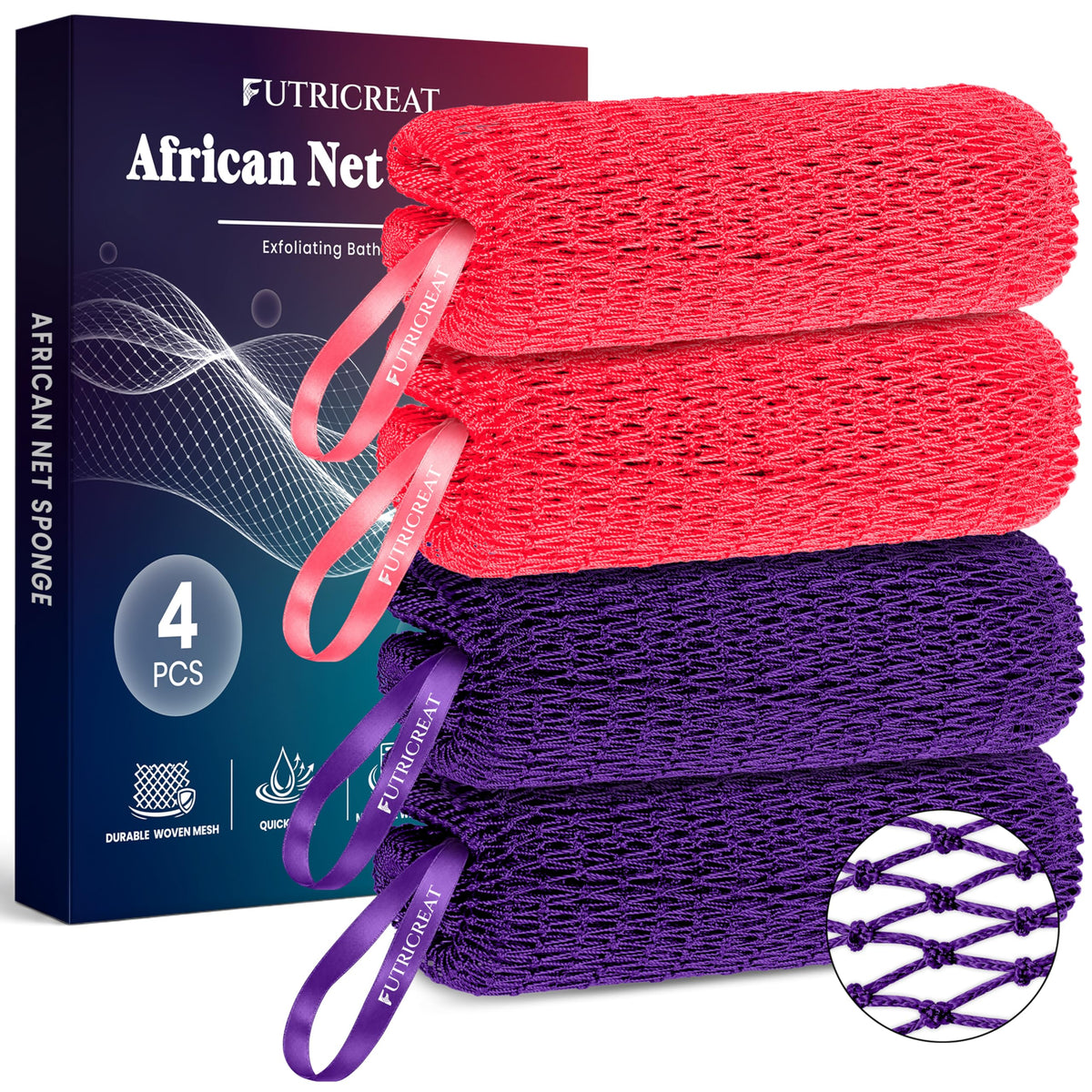 FUTRICREAT 4 Pack African Net Sponge in coral pink and purple