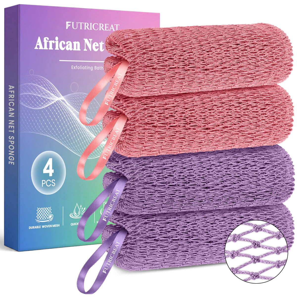 FUTRICREAT African Net Sponge 4 Pack in pink and purple colors