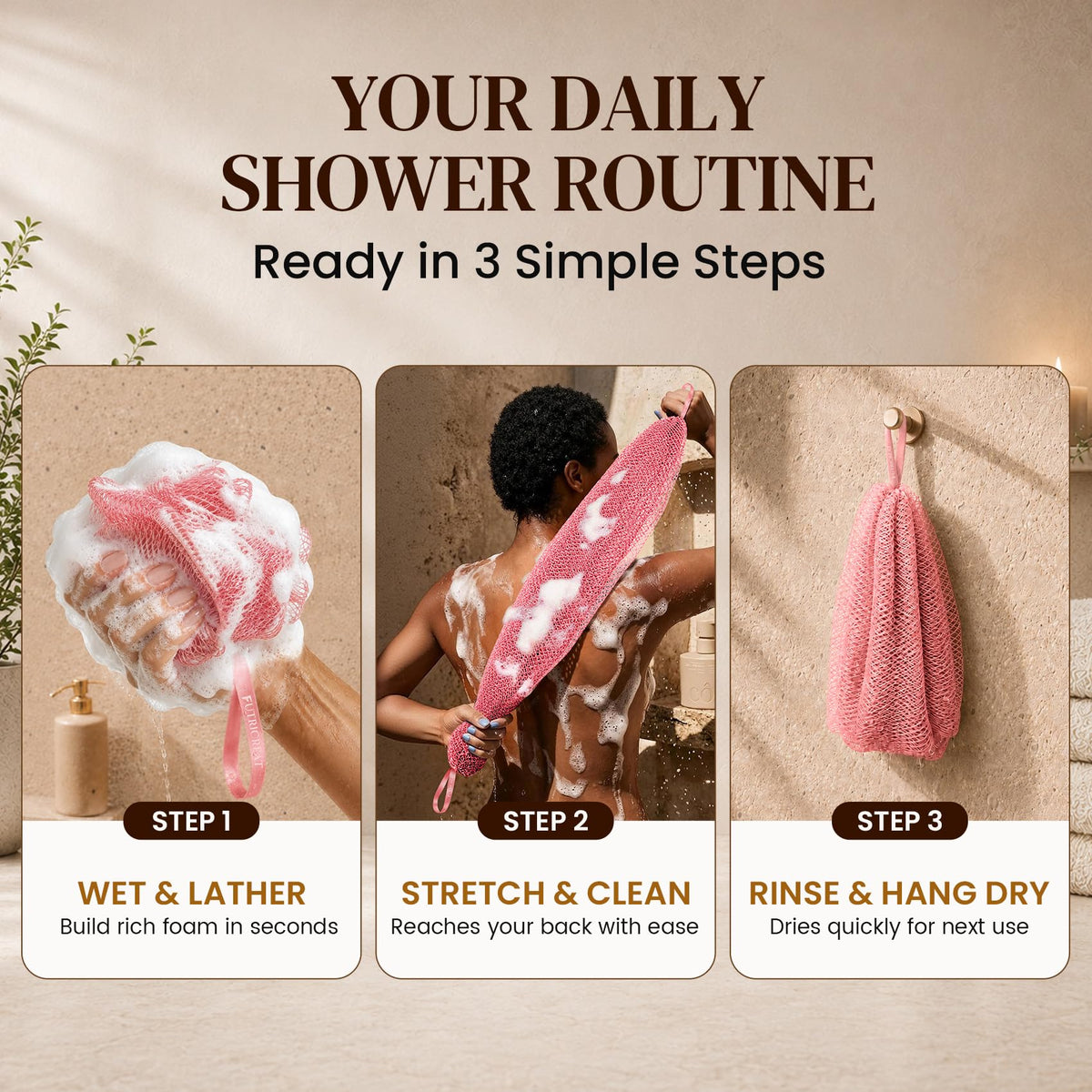 FUTRICREAT African Net Sponge displayed on a bathroom shelf
