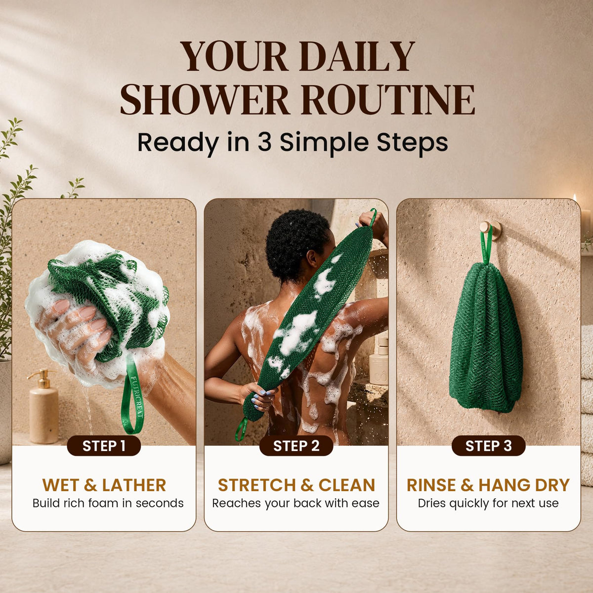 FUTRICREAT African Net Sponge in use during a shower