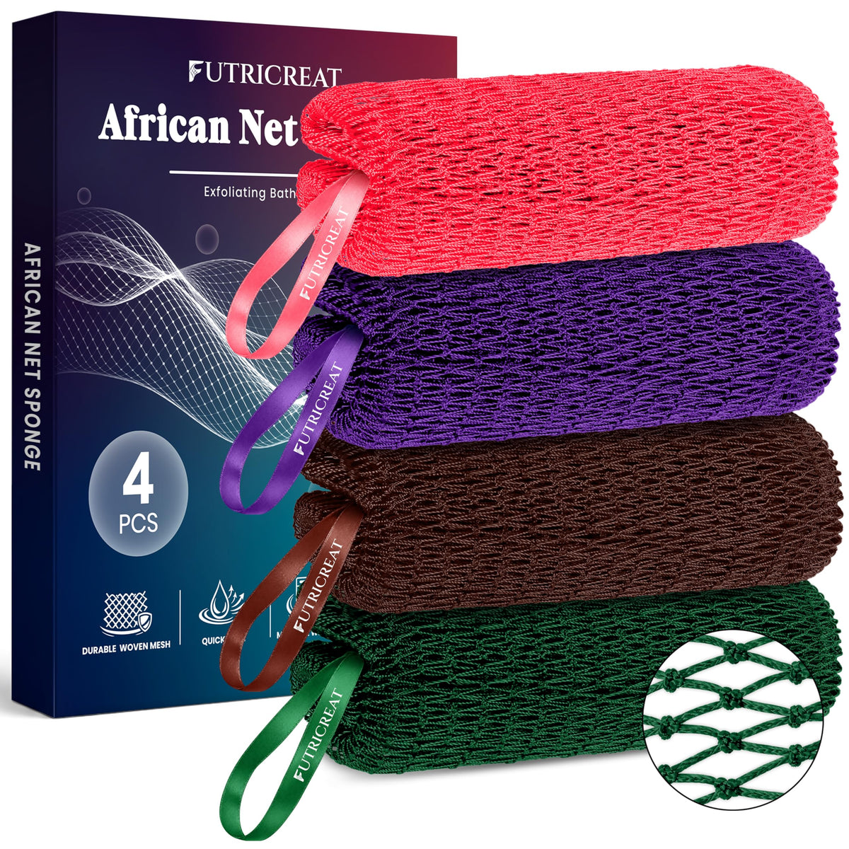 FUTRICREAT African Net Sponge pack in coral pink, purple, brown, and forest green