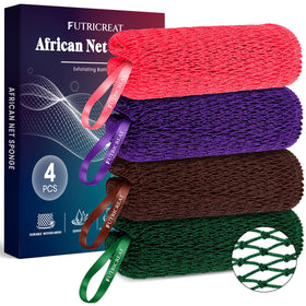 FUTRICREAT African Net Sponge pack in coral pink, purple, brown, and forest green