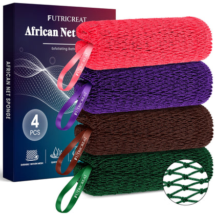 FUTRICREAT African Net Sponge pack in coral pink, purple, brown, and forest green