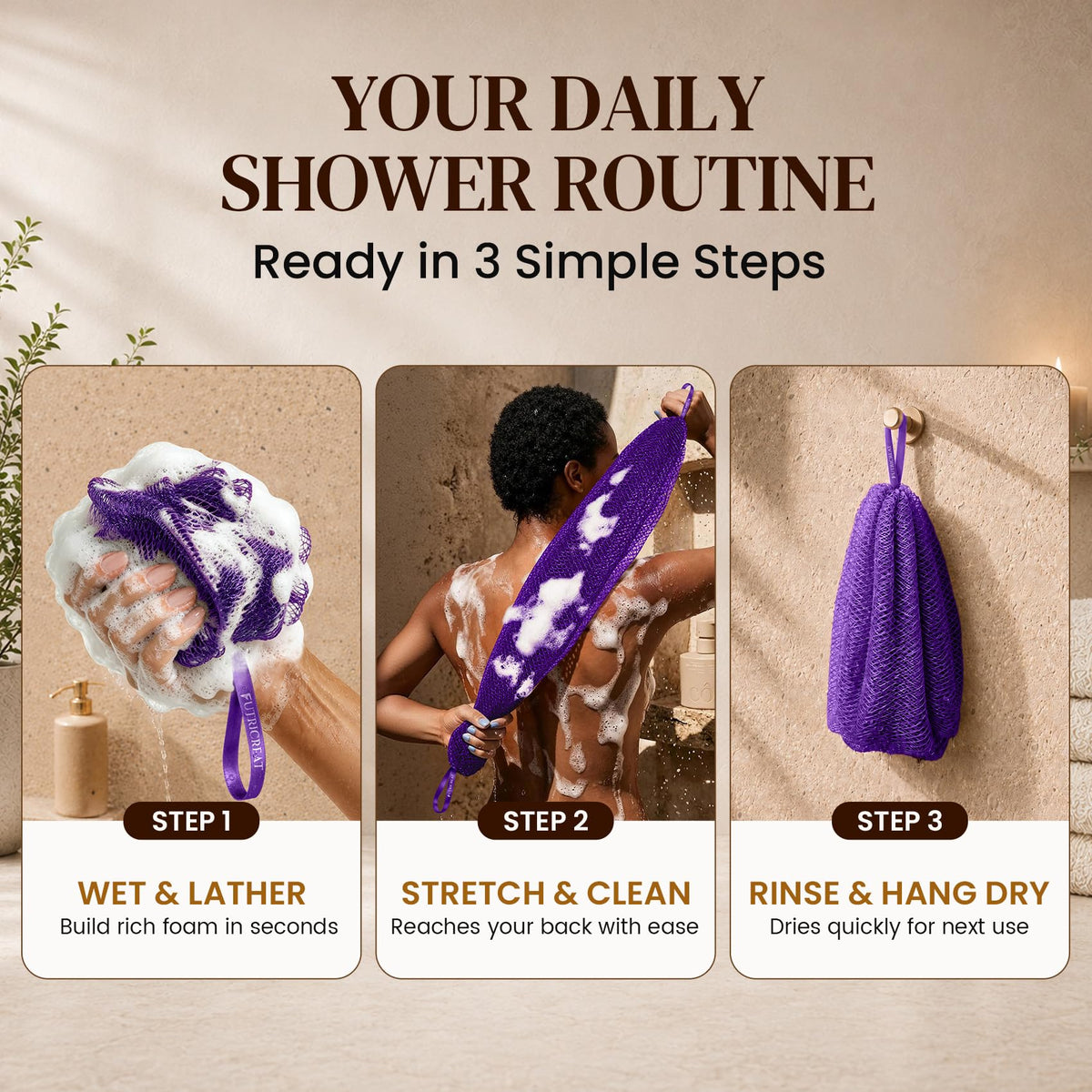 FUTRICREAT African Net Sponge set displayed on a bathroom shelf