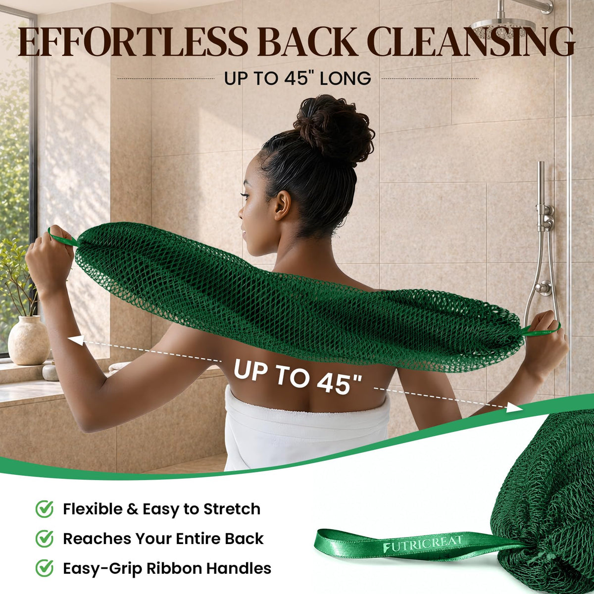 FUTRICREAT African Net Sponge stretched out for back cleaning
