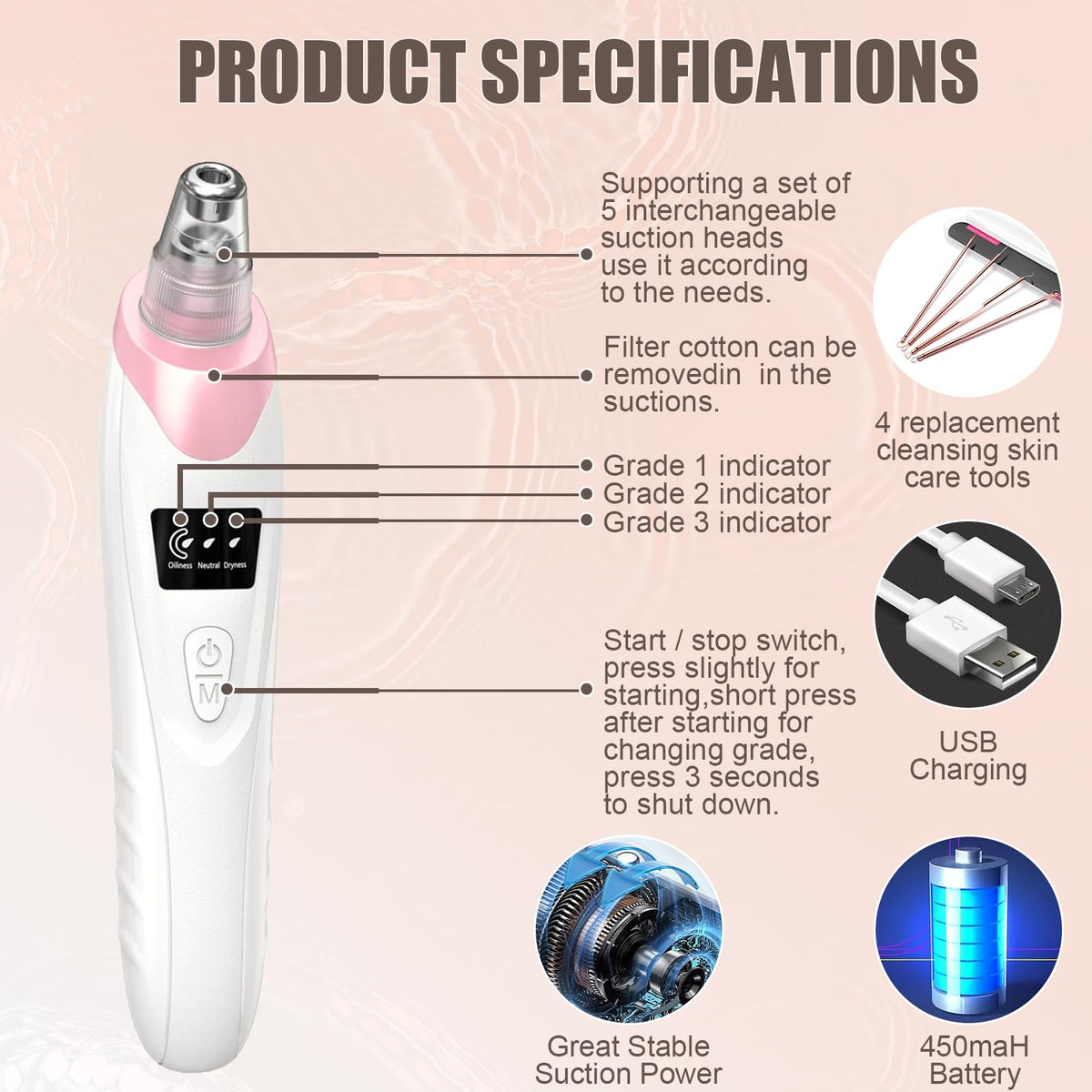 Gackoko Blackhead Remover Pore Vacuum with USB charging cable
