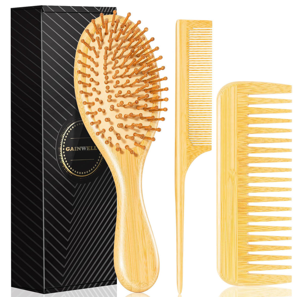 GAINWELL Bamboo Hair Brush Set with cushion brush, wide-tooth comb, and rat tail comb
