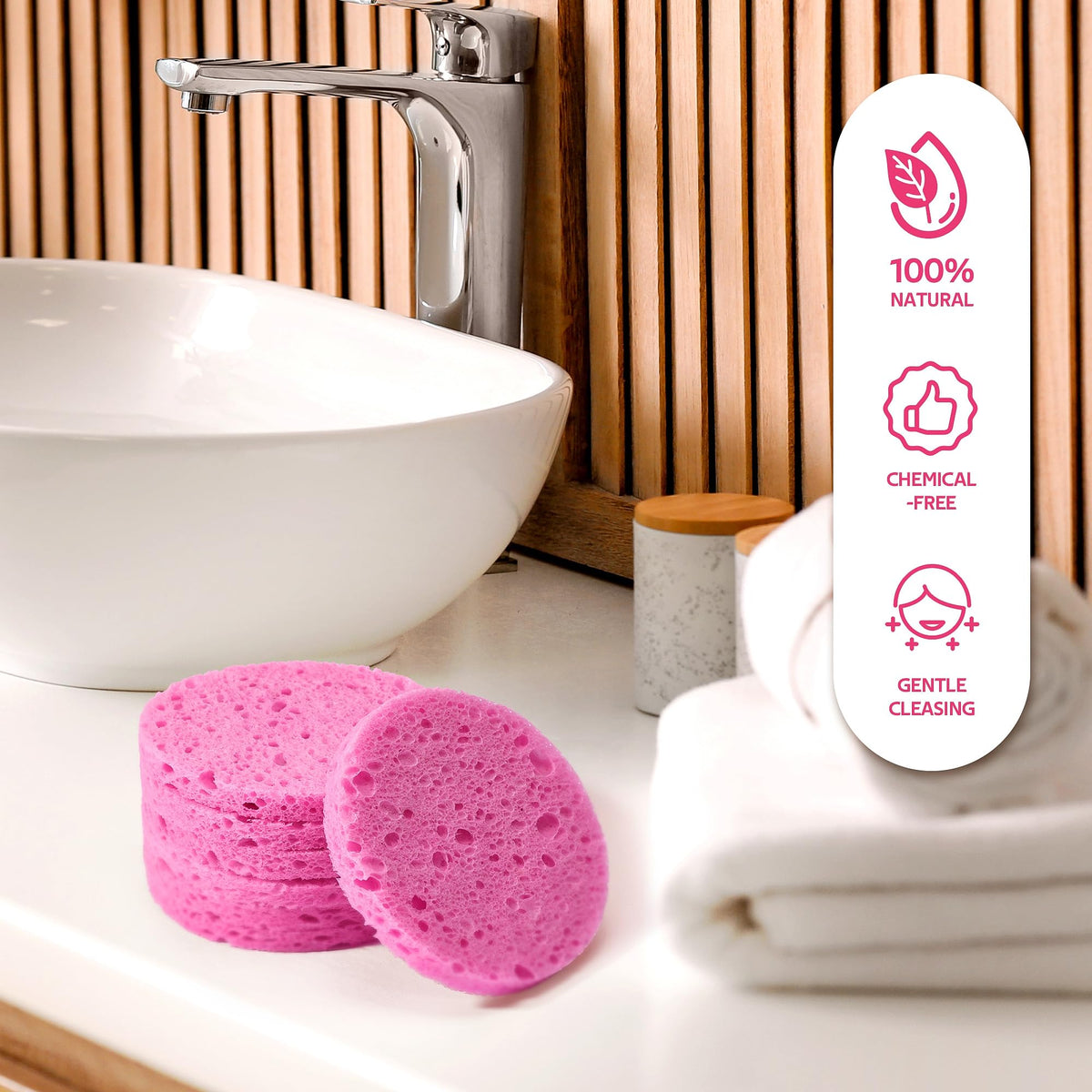 GAINWELL facial sponges displayed on a bathroom counter