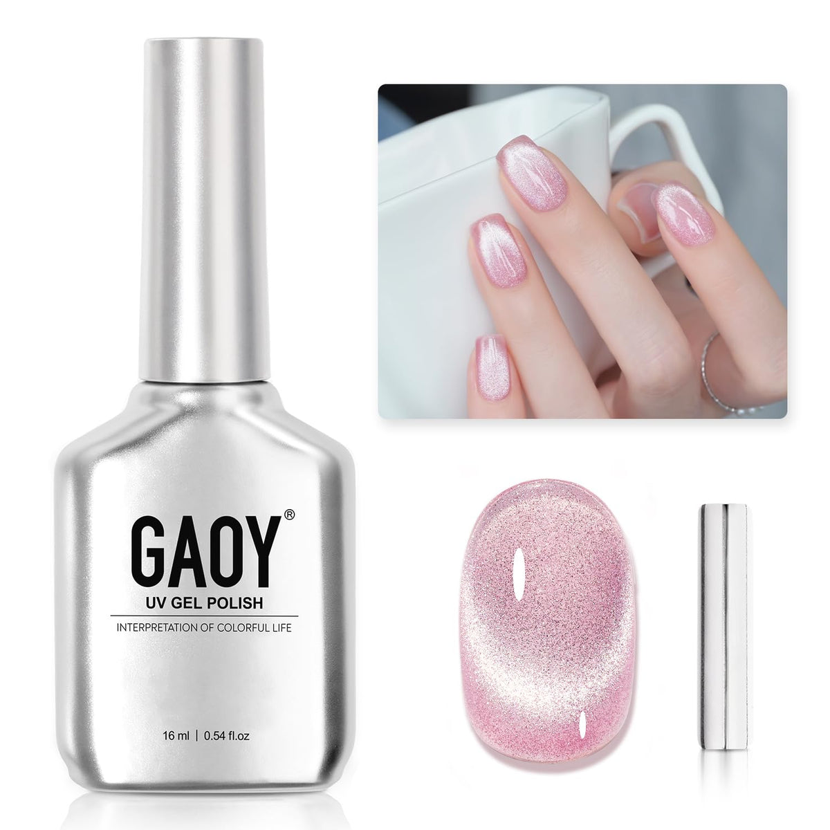 GAOY Cat Eye Gel Nail Polish 16ml pink glitter holographic front view