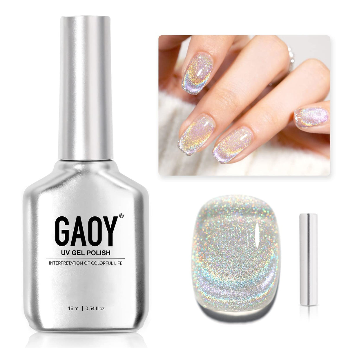 GAOY Cat Eye Gel Nail Polish 16ml Silver Rainbow front view