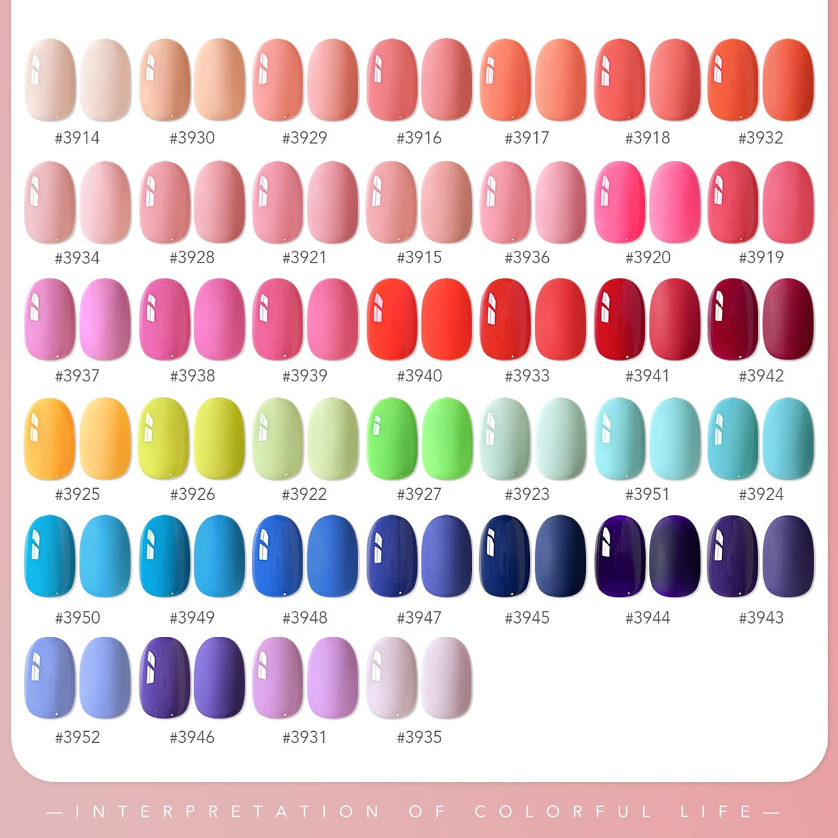 GAOY gel polish bottles arranged by colour