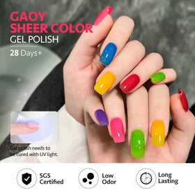 GAOY gel polish colours arranged on a table