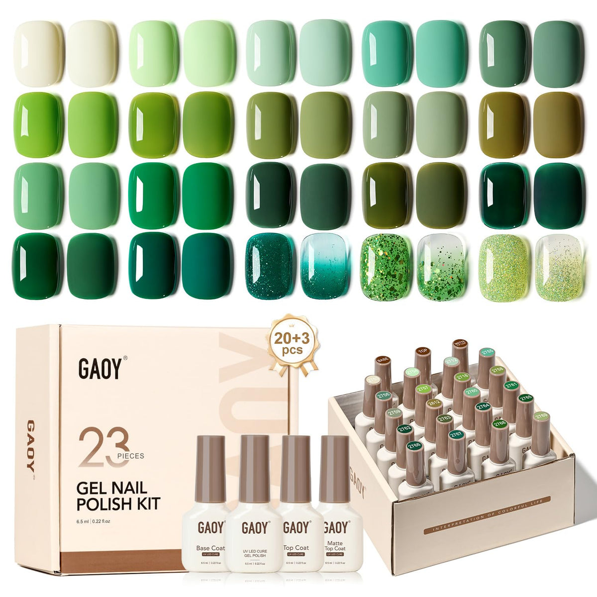 GAOY Gel Polish Kit 23 Pcs with green glitter colours