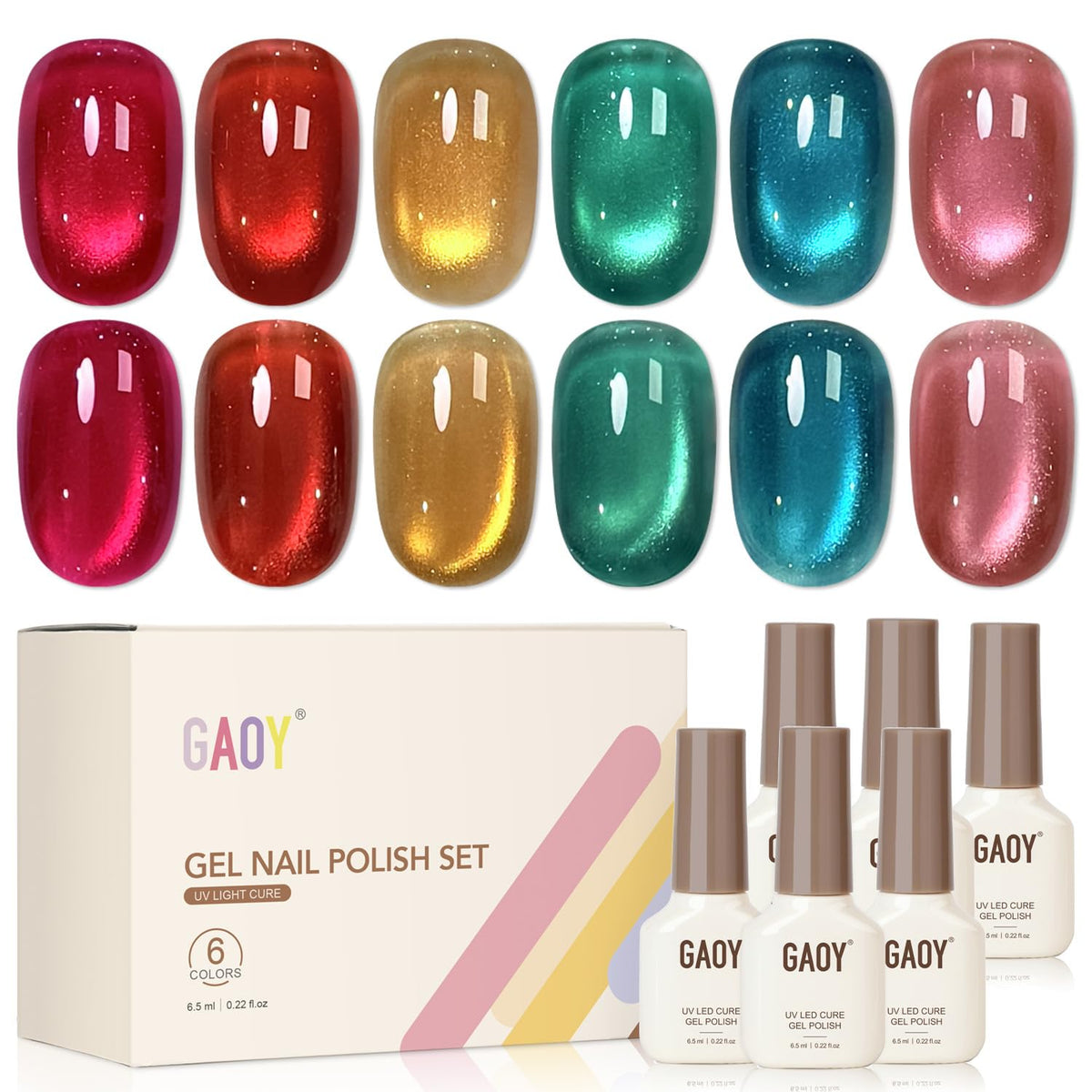 GAOY Glass Cat Eye Gel Nail Polish Set including 6 colours and magnet