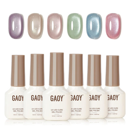 GAOY Glass Cat Eye Gel Nail Polish Set with 6 colors and magnet