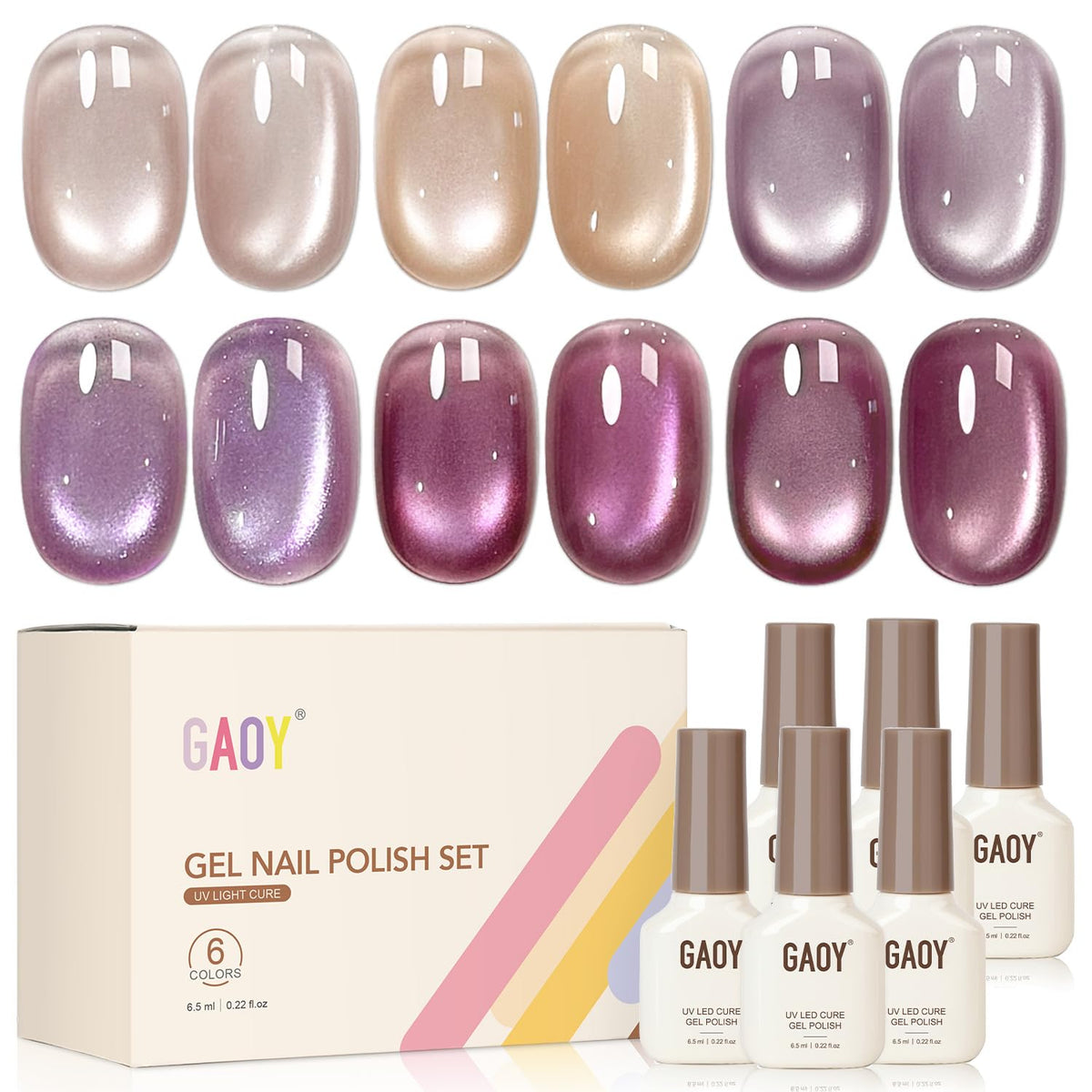 GAOY Glitter Cat Eye Gel Nail Polish Set six colours front view