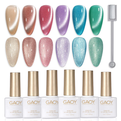 GAOY Glitter Cat Eye Gel Nail Polish set with six colours and magnet