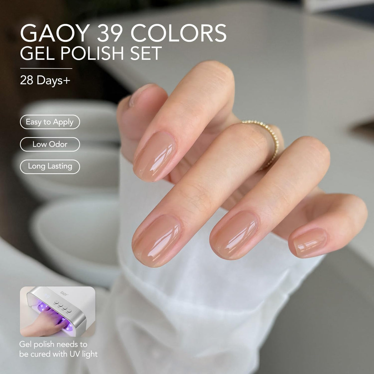 GAOY glossy and matte top coat alongside gel polish bottles