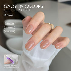 GAOY glossy and matte top coat alongside gel polish bottles