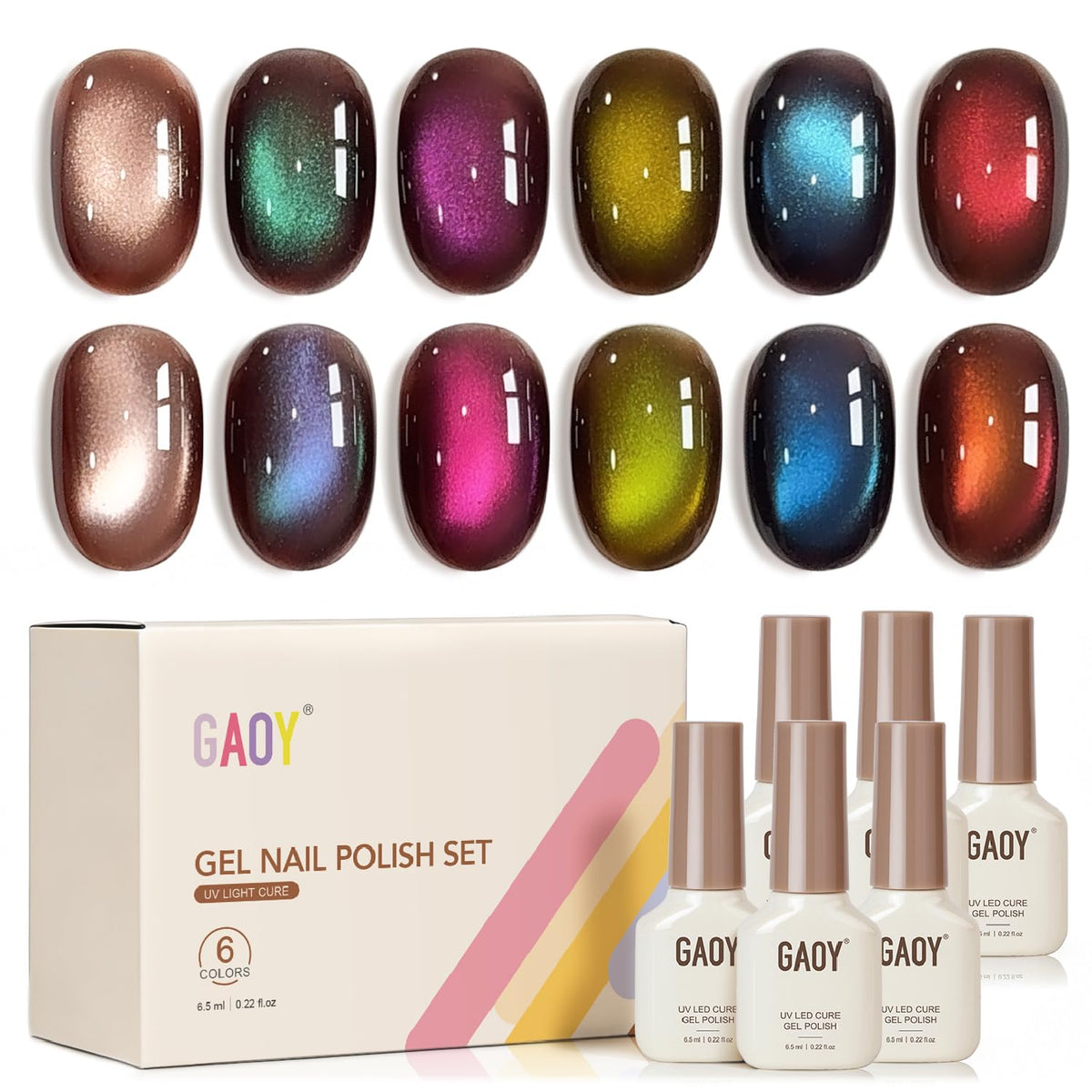 GAOY Iridescent Cat Eye Gel Nail Polish 6 colors set front view