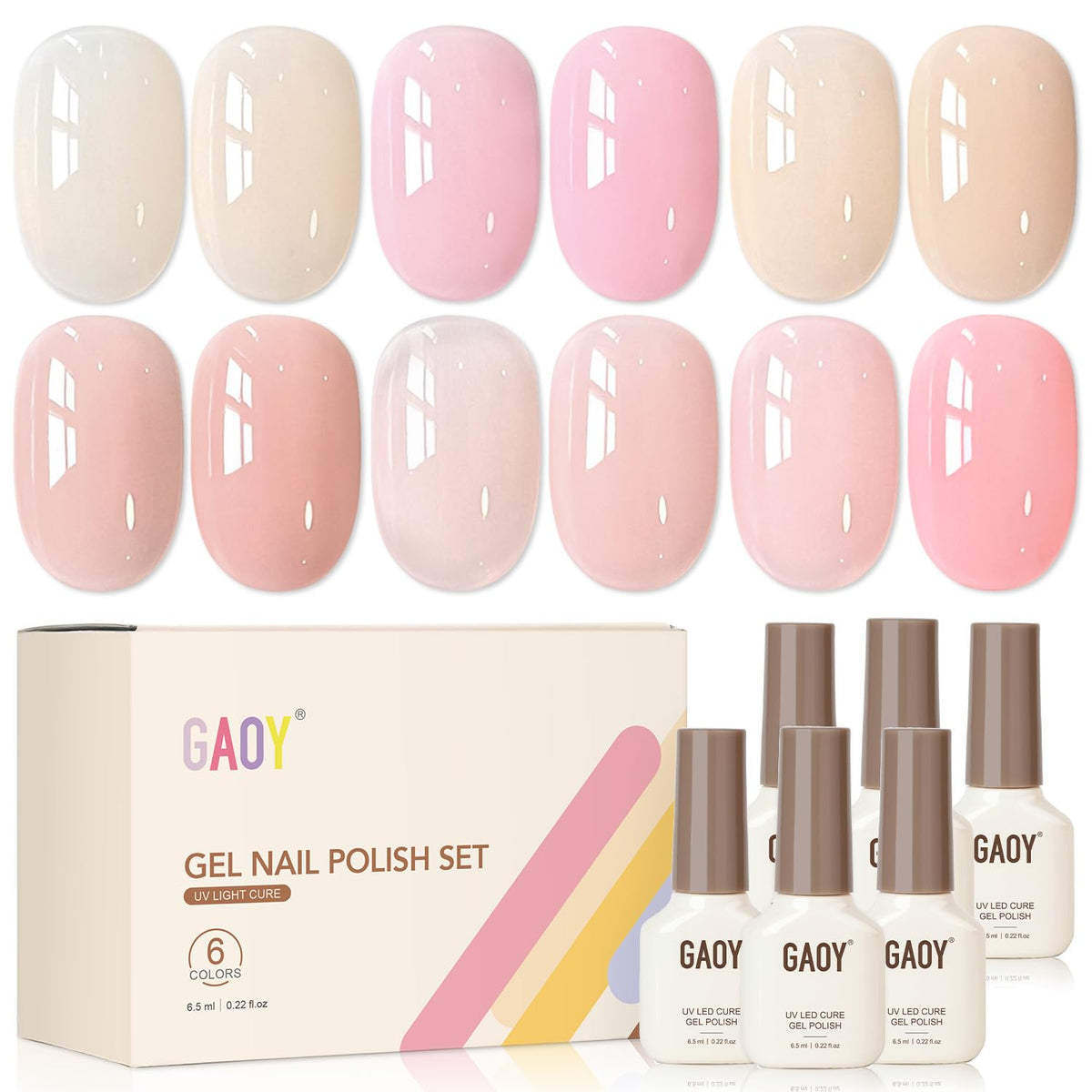 GAOY Jelly Gel Nail Polish Set with 6 sheer colours front view