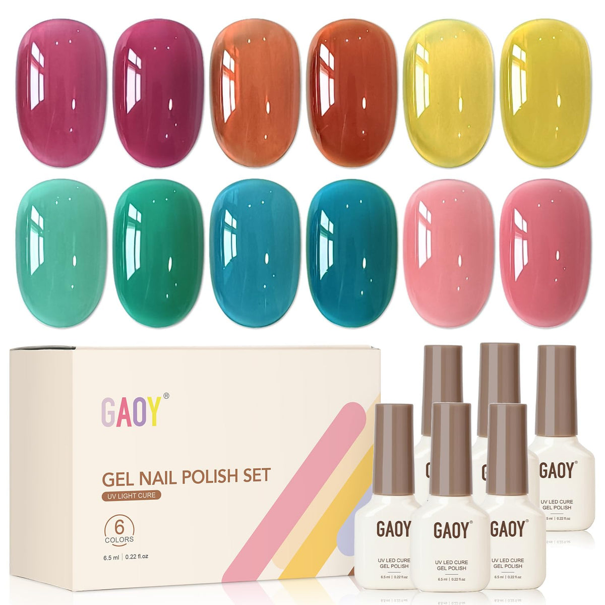 GAOY Jelly Gel Nail Polish Set with 6 vibrant colours front view