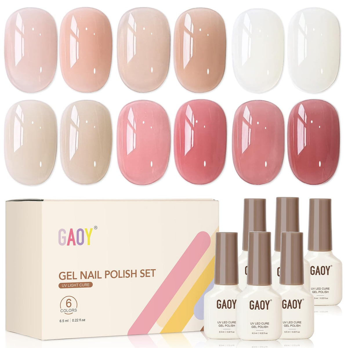 GAOY Jelly Pink Gel Nail Polish Set with 6 sheer nude colours