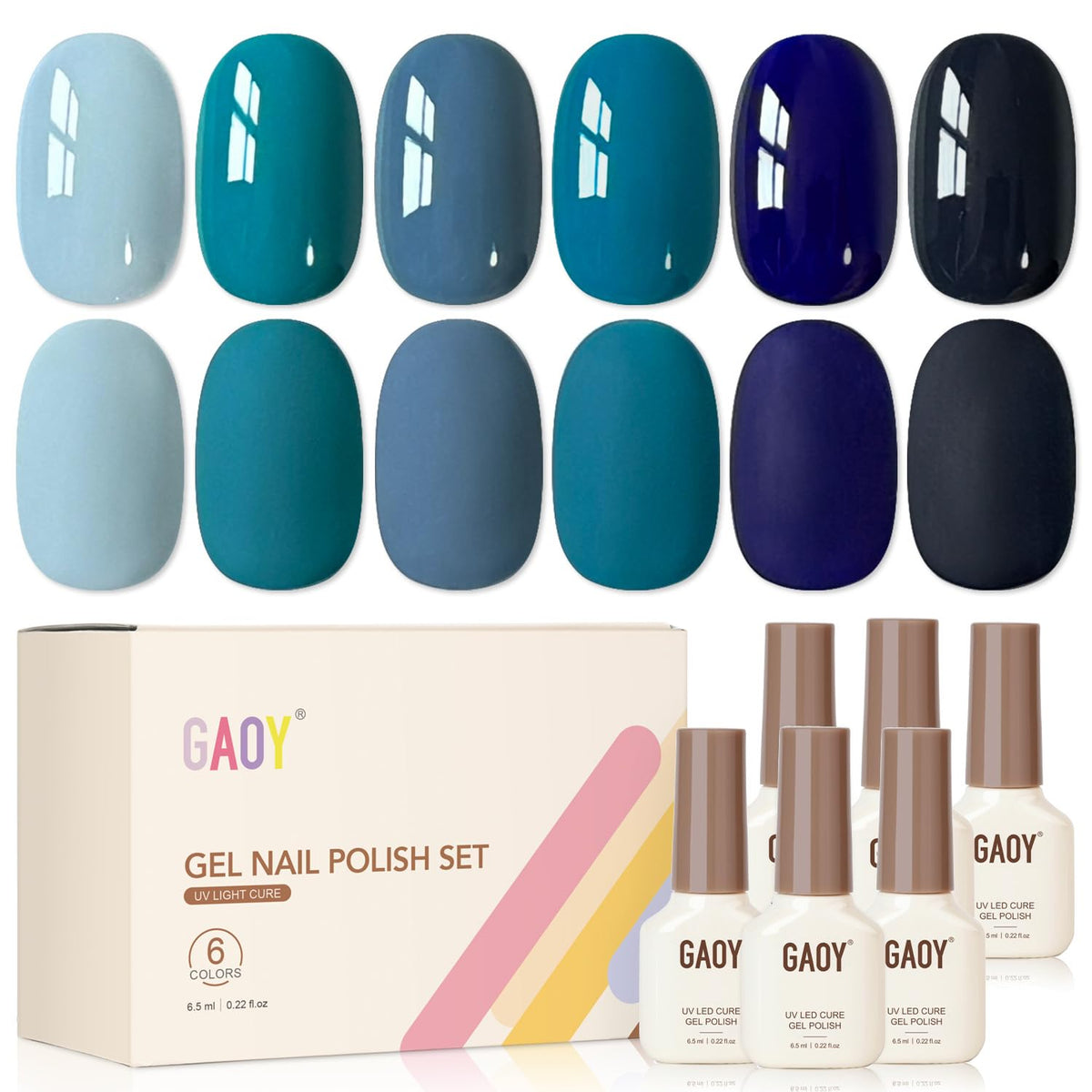 GAOY Navy Blue Gel Nail Polish Set front view with six bottles