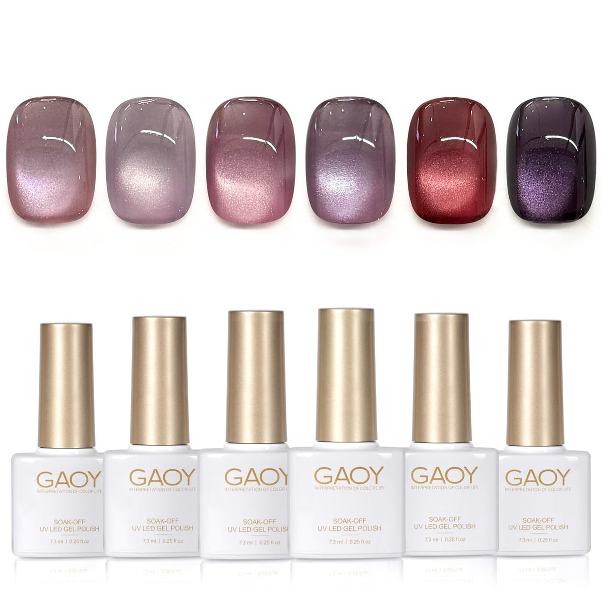 GAOY Purple Glitter Cat Eye Gel Polish set with 6 colours front view