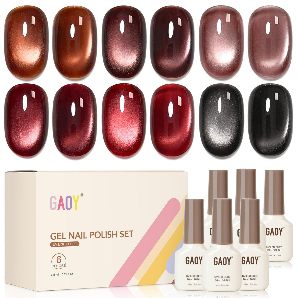 GAOY Red Cat Eye Gel Nail Polish Set with 6 colours and magnet